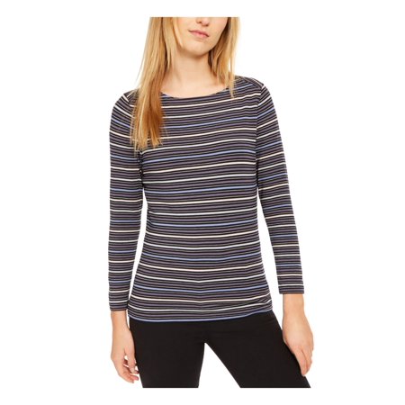 Blusa feminina Anne Klein listrada, manga comprida, gola alta, azul, tamanho X-S
