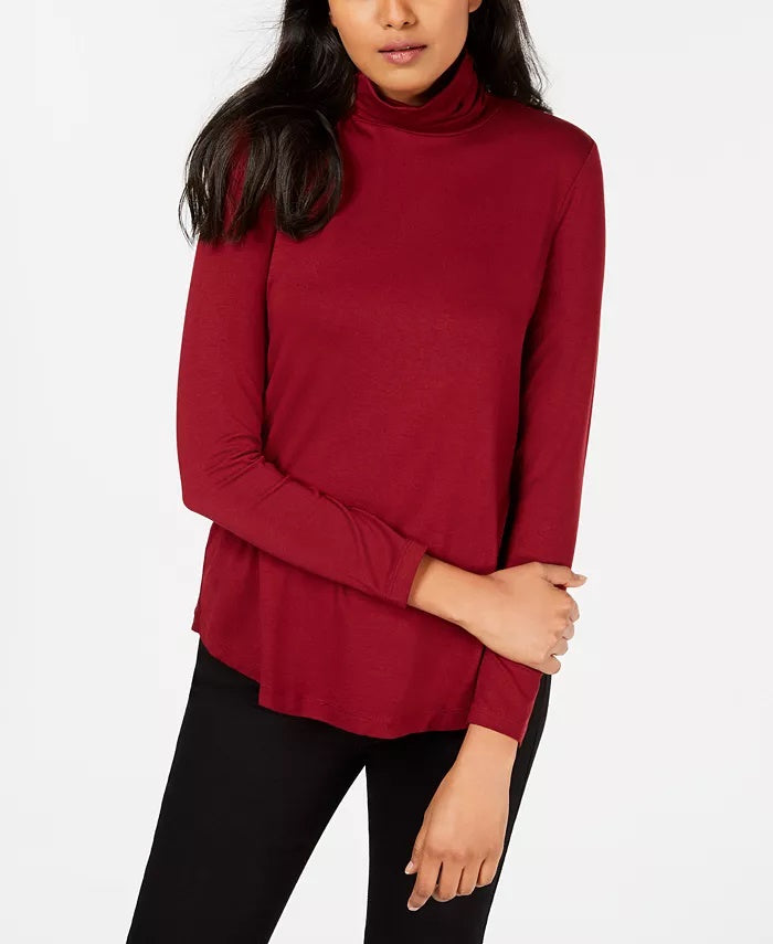 JM Collection Blusa feminina vermelha de manga comprida e gola alta, tamanho P