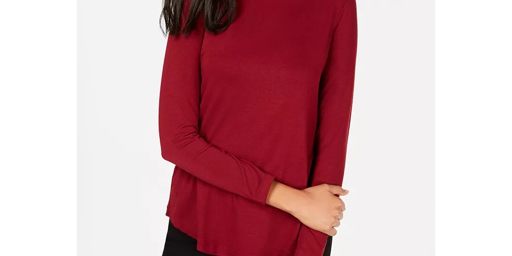 JM Collection Blusa feminina vermelha de manga comprida e gola alta, tamanho P