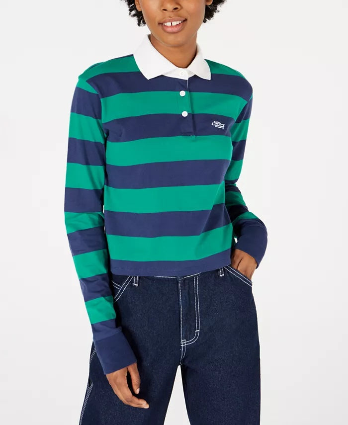 Camisa curta de rugby Dickies feminina listrada, verde, tamanho pequeno