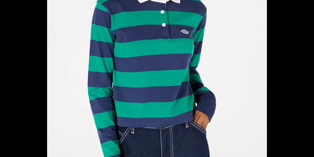 Camisa curta de rugby Dickies feminina listrada, verde, tamanho pequeno