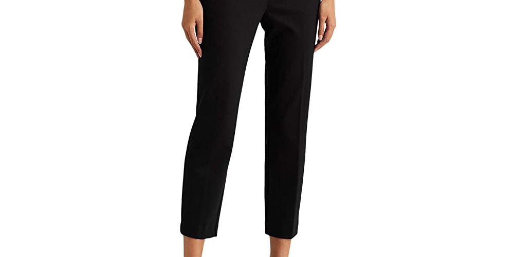 Calça reta Ralph Lauren Stretch Ponte feminina, preta, tamanho médio