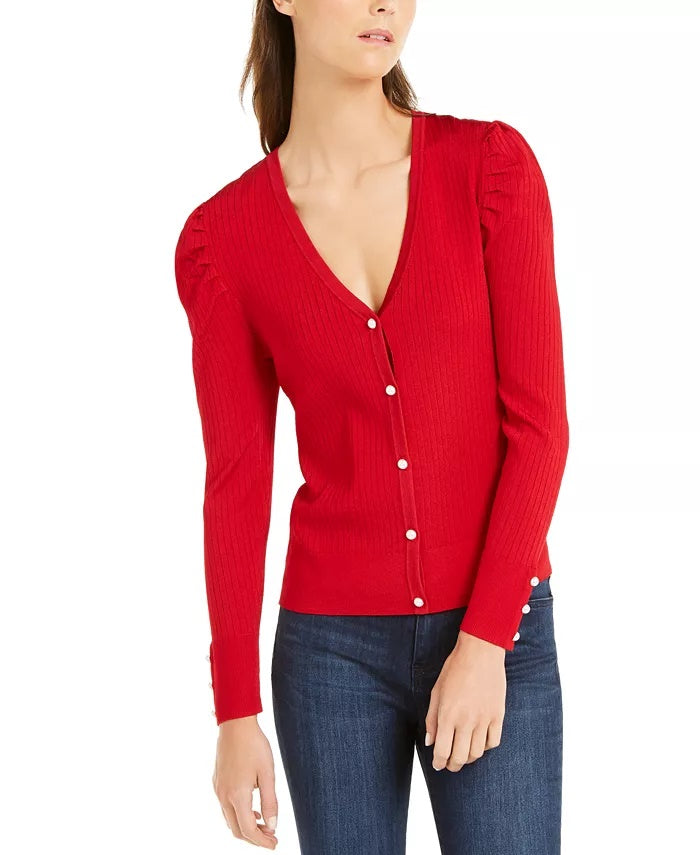 Cardigan feminino canelado de manga comprida aberto com botões e suéter vermelho tamanho extragrande da INC International Concepts