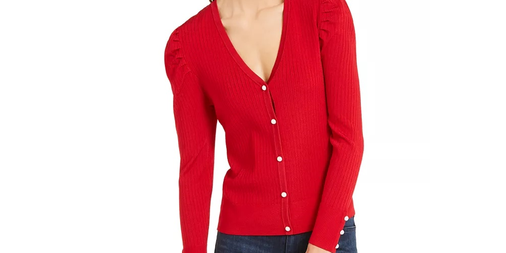 Cardigan feminino canelado de manga comprida aberto com botões e suéter vermelho tamanho extragrande da INC International Concepts