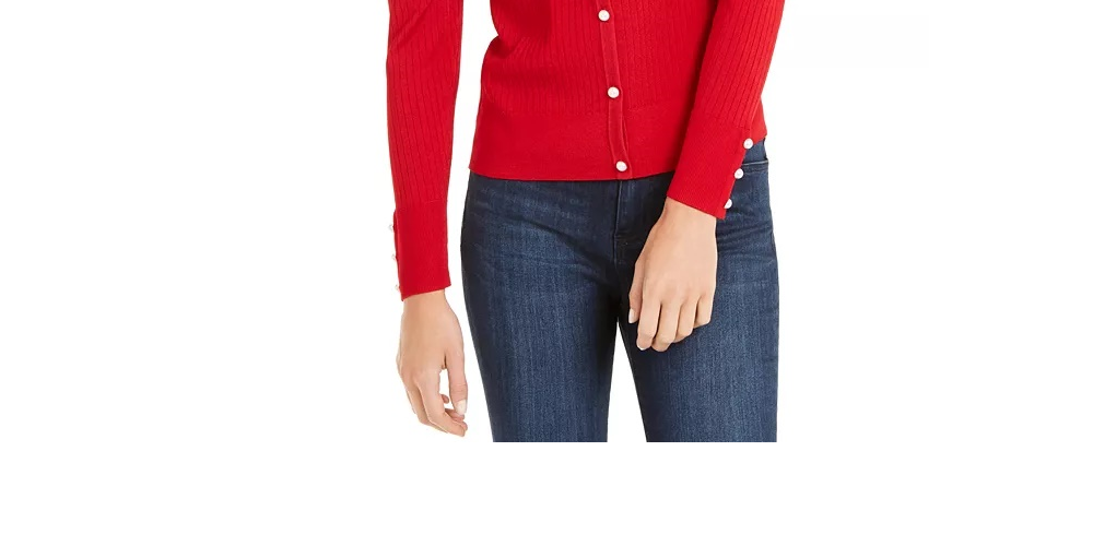 Cardigan feminino canelado de manga comprida aberto com botões e suéter vermelho tamanho extragrande da INC International Concepts