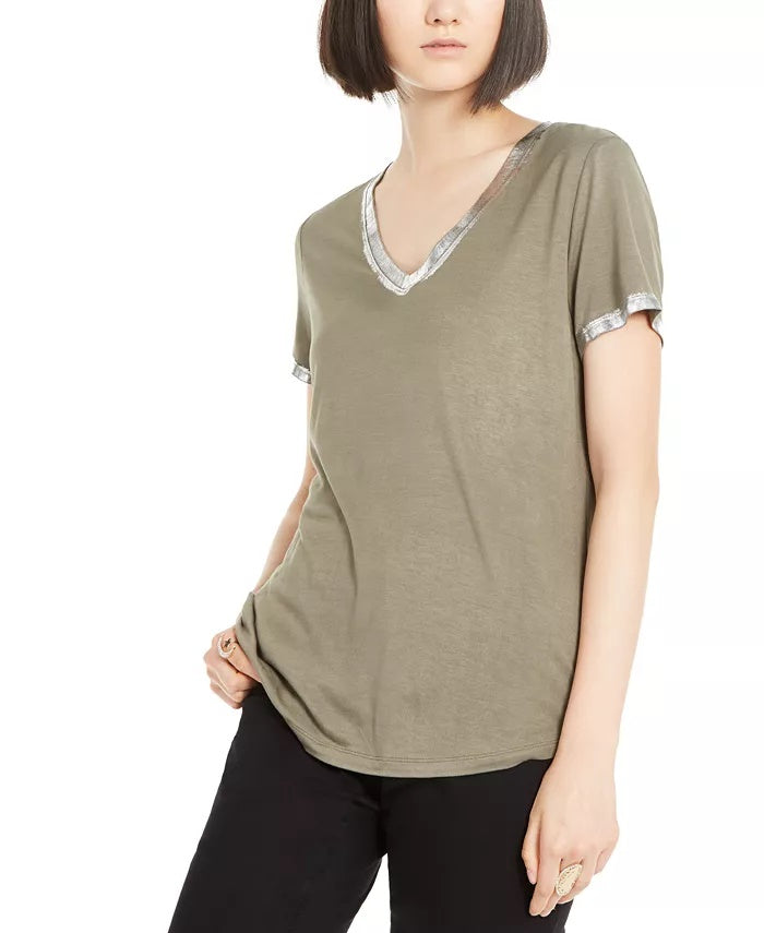 INC International Concepts Camiseta feminina turquesa texturizada brilhante manga curta gola V tamanho pequeno