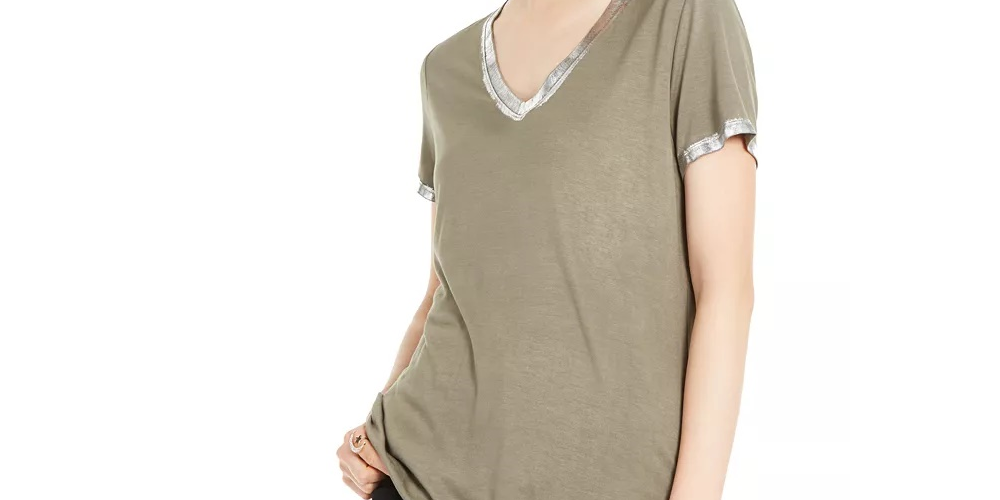 INC International Concepts Camiseta feminina turquesa texturizada brilhante manga curta gola V tamanho pequeno