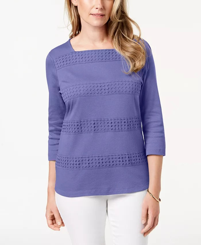 Karen Scott Blusa feminina de renda com manga 3/4 e decote quadrado, roxa, tamanho X-S