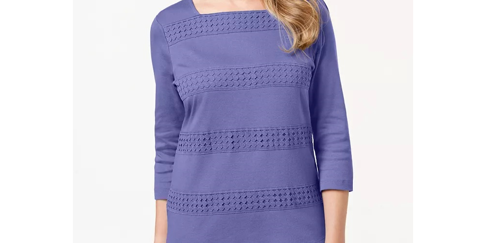 Karen Scott Blusa feminina de renda com manga 3/4 e decote quadrado, roxa, tamanho X-S