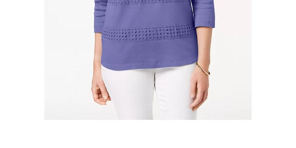 Karen Scott Blusa feminina de renda com manga 3/4 e decote quadrado, roxa, tamanho X-S