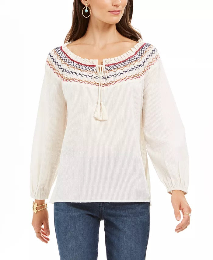 Blusa feminina pequena de algodão com gola franzida bordada estilo &amp; co, tamanho PP, branca