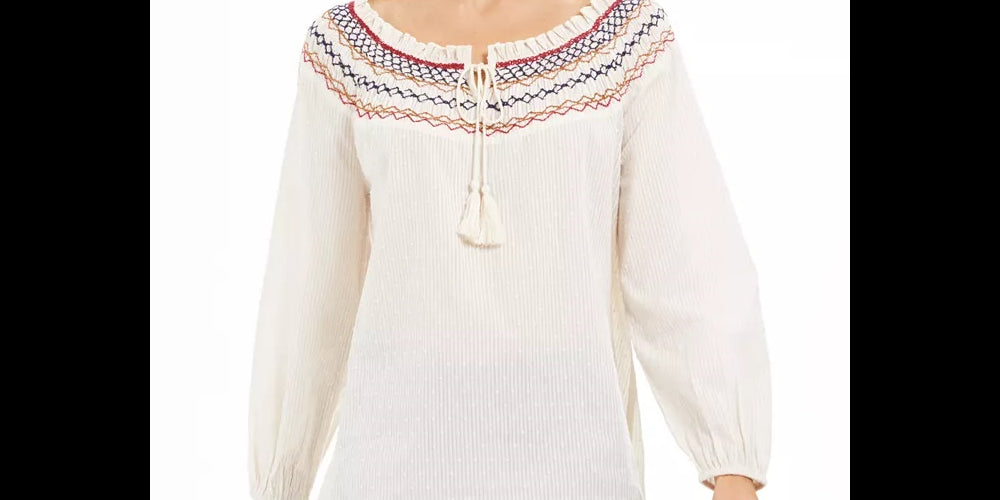 Blusa feminina pequena de algodão com gola franzida bordada estilo &amp; co, tamanho PP, branca