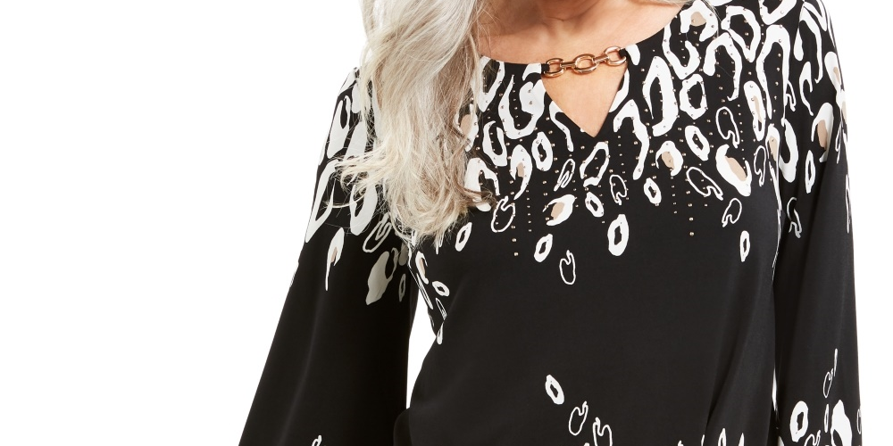Túnica feminina estampada pequena com decote em V, preta, tamanho PL, da coleção JM