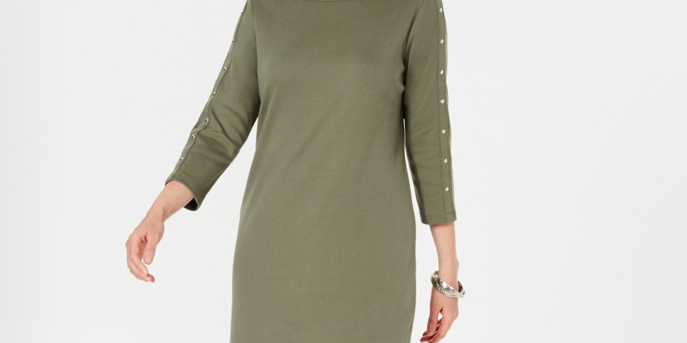 Vestido feminino Karen Scott Petite com decote canoa e tachas, verde, tamanho PS