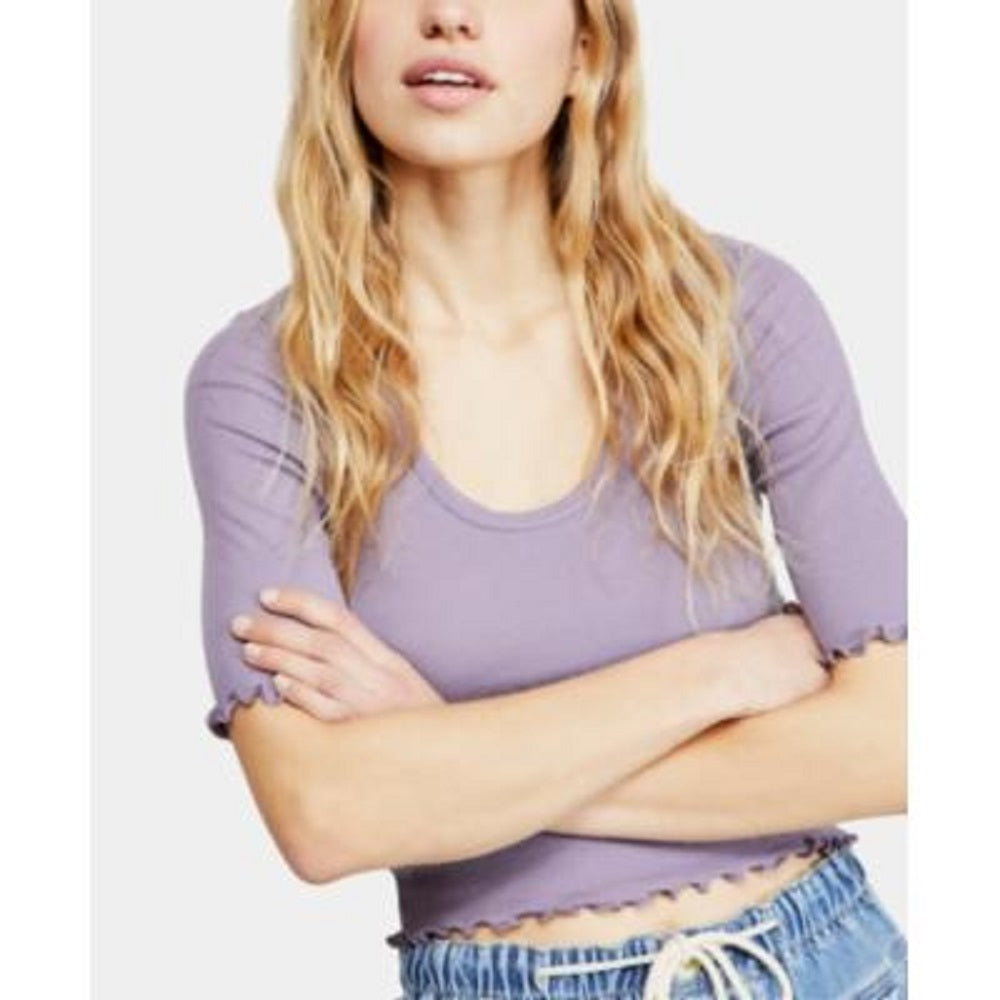 Top curto feminino Free People com decote redondo e recortes, cinza, tamanho grande