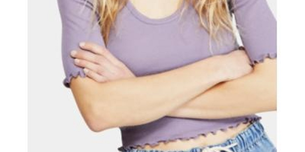 Top curto feminino Free People com decote redondo e recortes, cinza, tamanho grande