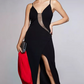 Vestido longo formal com fenda e alças finas, decote coração, estilo esmeralda, preto, tamanho médio
