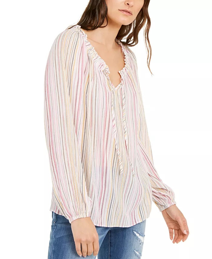 Blusa listrada feminina INC International Concepts Peasant, branca, tamanho grande