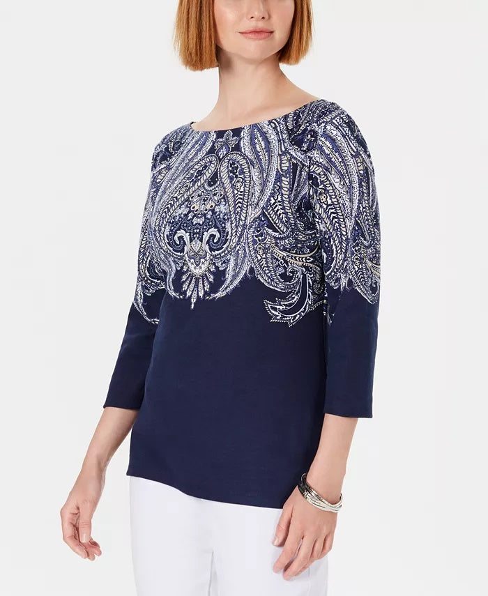 Karen Scott Blusa feminina com decote canoa e estampa paisley pequena, roxa, tamanho P/M