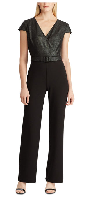 Camiseta Ralph Lauren Feminina Preta com Cinto e Glitter, Manga Curta, Gola V, Perna Reta, Macacão Preto para Trabalho, Tamanho 12