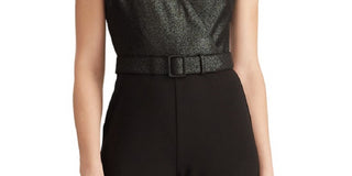 Camiseta Ralph Lauren Feminina Preta com Cinto e Glitter, Manga Curta, Gola V, Perna Reta, Macacão Preto para Trabalho, Tamanho 12