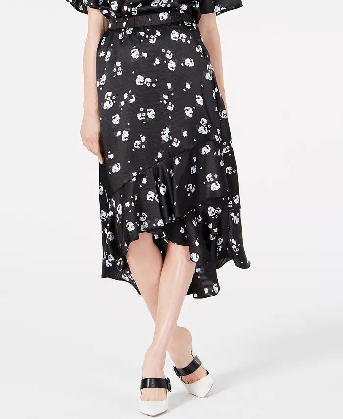 Saia midi com babados e estampa floral Alfani feminina, preta, tamanho 6