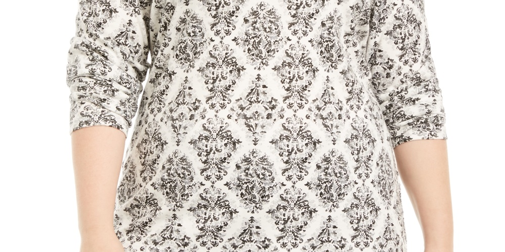 Karen Scott Blusa Plus Size Estampada Gola Mock Feminina Cinza Tamanho 0X