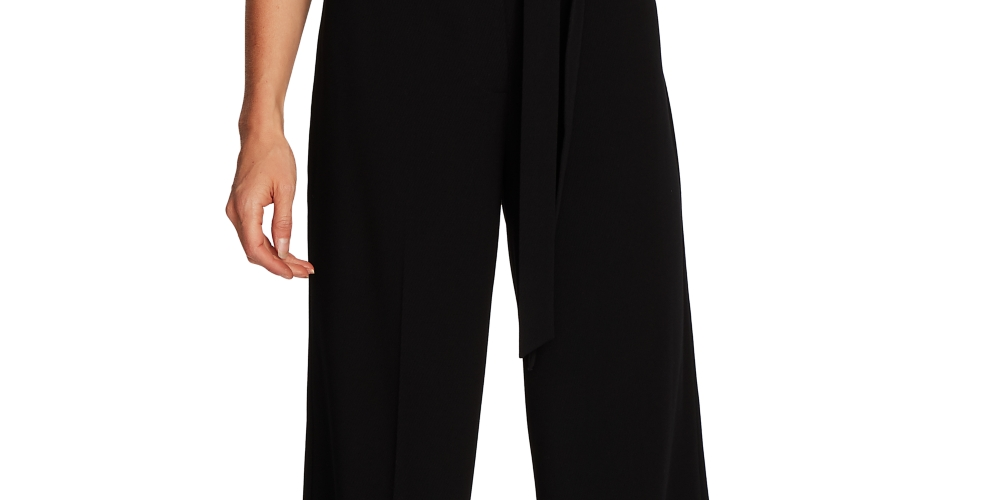 Calça feminina Vince Camuto com cinto, perna larga, texturizada, sarja, preta, cinza, tamanho 8