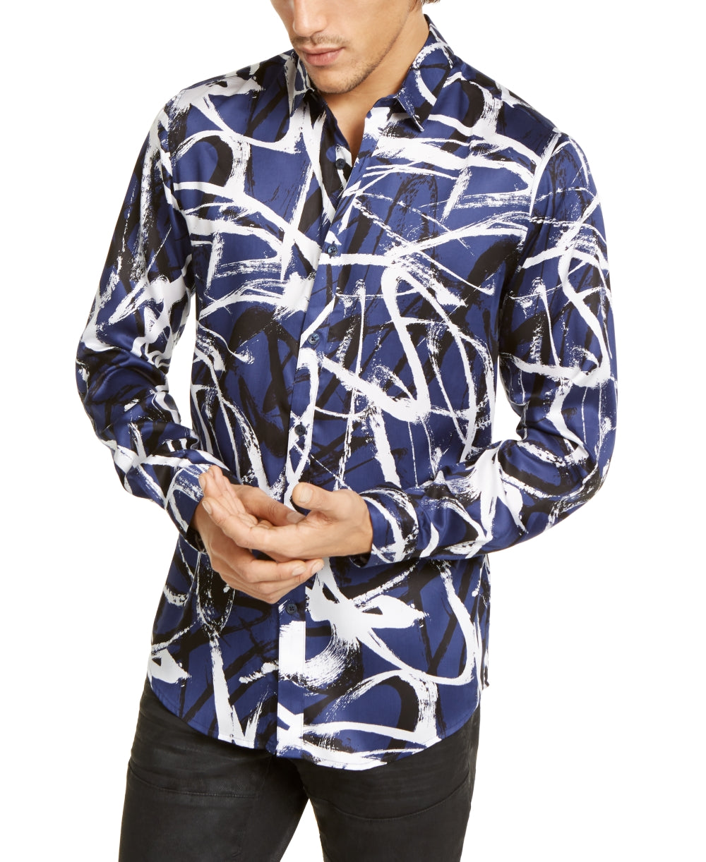 Camisa masculina grande e alta com estampa abstrata de rabiscos da INC International Concepts, azul, tamanho 3XLT