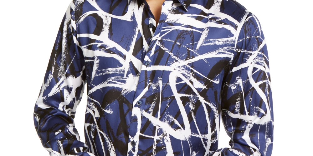 Camisa masculina grande e alta com estampa abstrata de rabiscos da INC International Concepts, azul, tamanho 3XLT