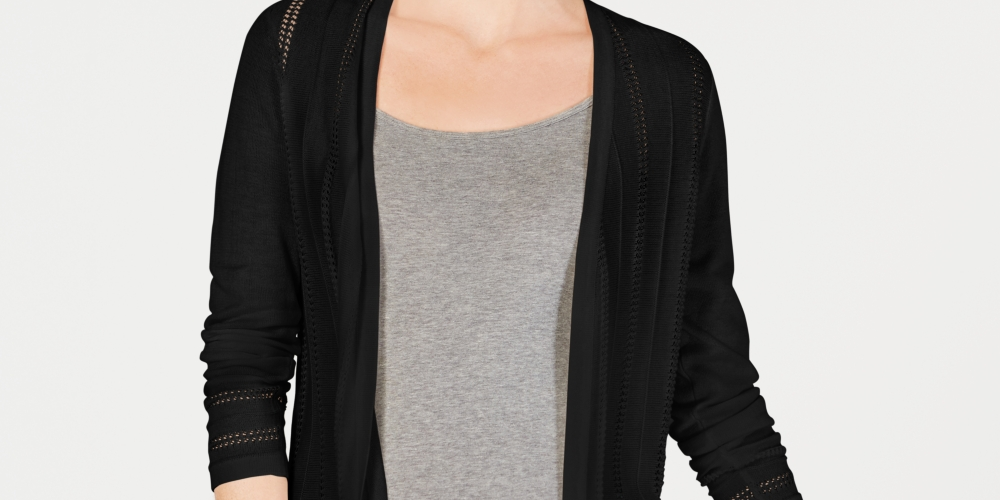 Cardigan feminino Charter Club Petite Pointelle Duster, preto, tamanho P