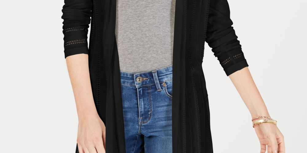 Cardigan feminino Charter Club Petite Pointelle Duster, preto, tamanho P