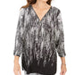 JM Collection Top feminino estampado com decote em zíper, tamanho P/M, preto