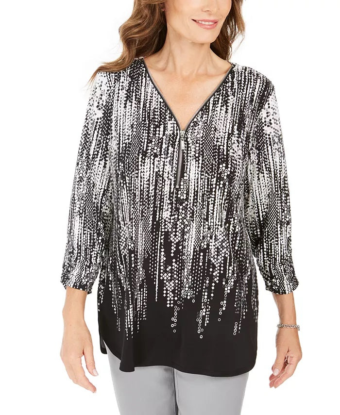 JM Collection Top feminino estampado com decote em zíper, tamanho P/M, preto