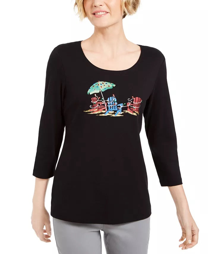 Karen Scott Blusa feminina com decote em V e manga 3/4, preta, tamanho médio