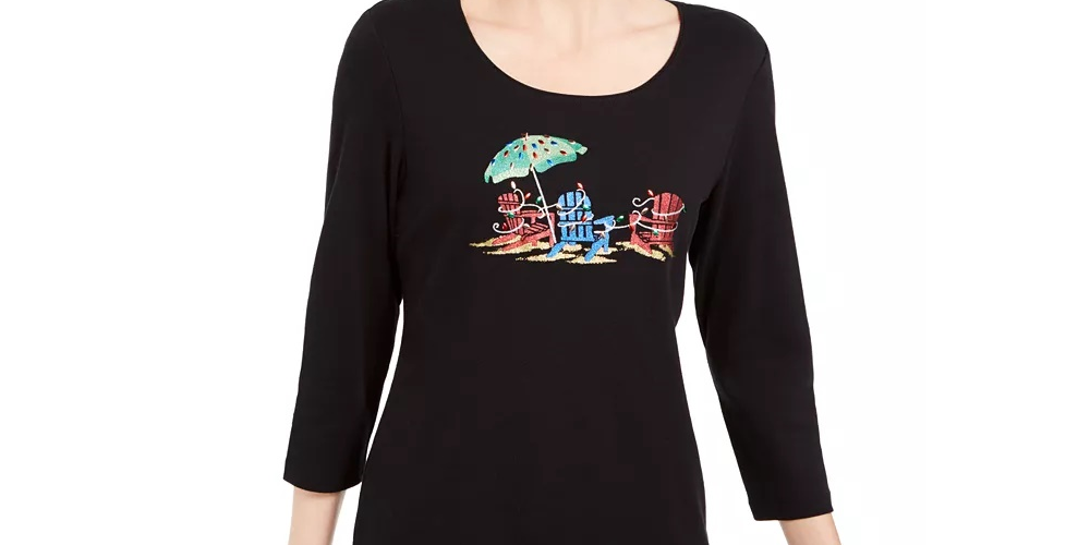 Karen Scott Blusa feminina com decote em V e manga 3/4, preta, tamanho médio