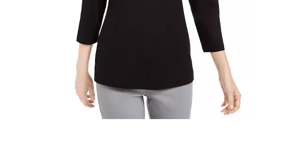 Karen Scott Blusa feminina com decote em V e manga 3/4, preta, tamanho médio