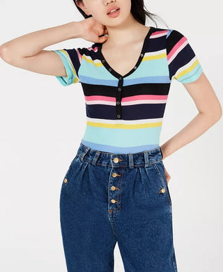 Planet Gold Juniors Listrado Gola V Top Preto Tamanho Médio