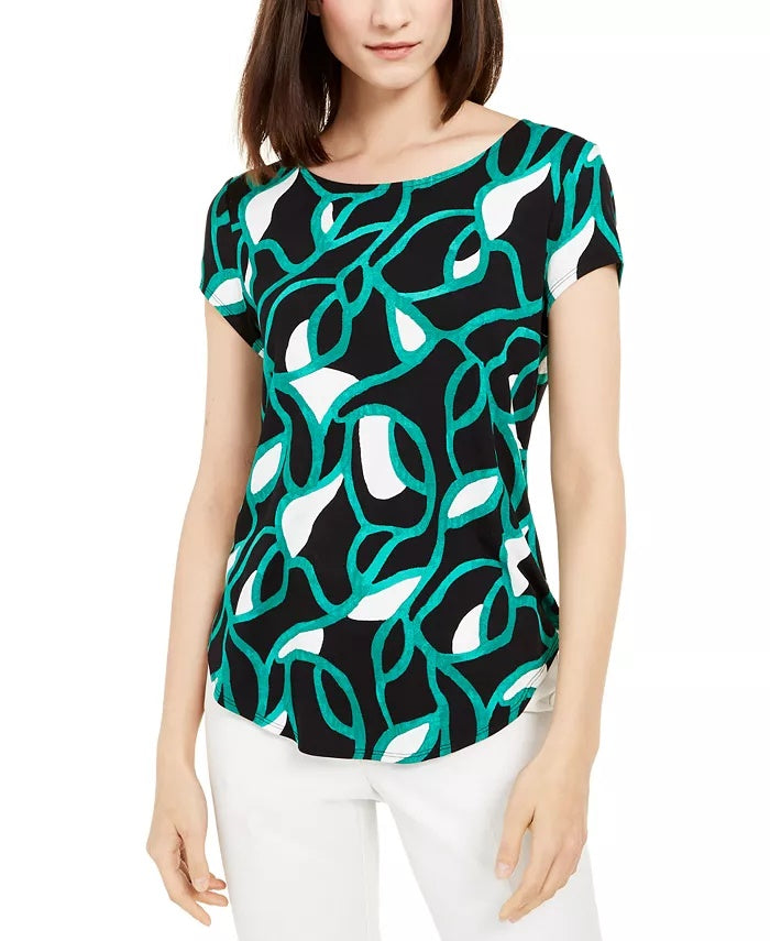 Camiseta feminina estampada Alfani azul/preta floral tamanho grande