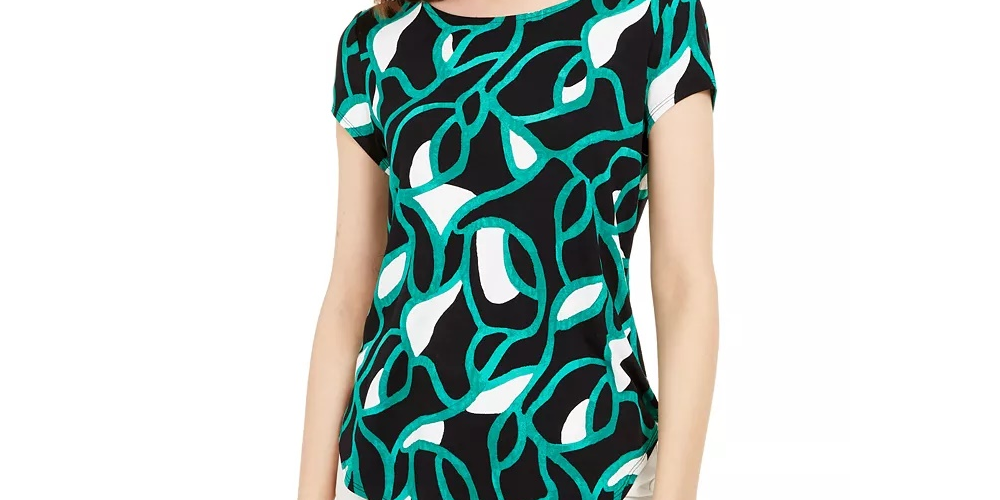 Camiseta feminina estampada Alfani azul/preta floral tamanho grande