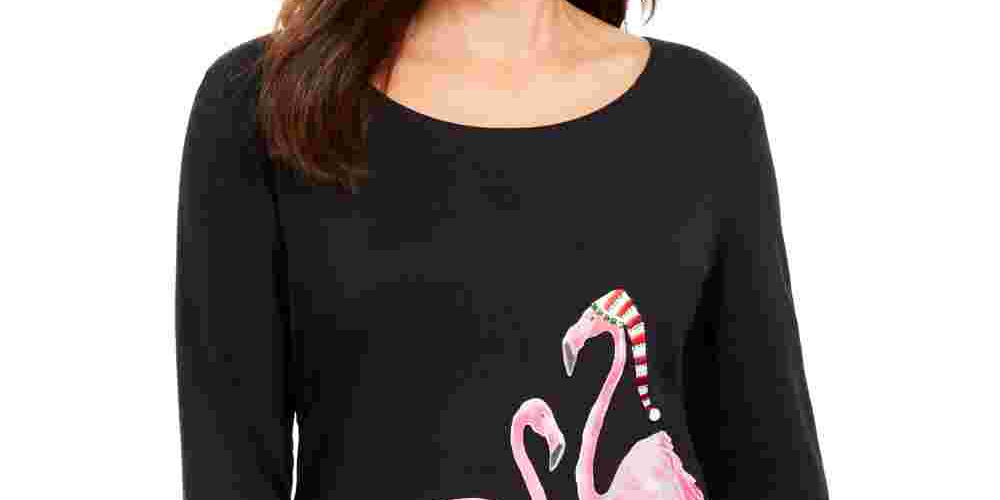 Karen Scott Blusa Feminina Petite Holiday com Estampa de Flamingo Preta Tamanho PL