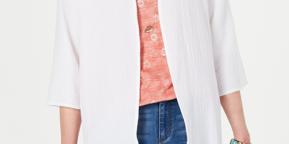 Top quimono feminino de algodão com acabamento em borla Style &amp; Co, branco, tamanho extragrande