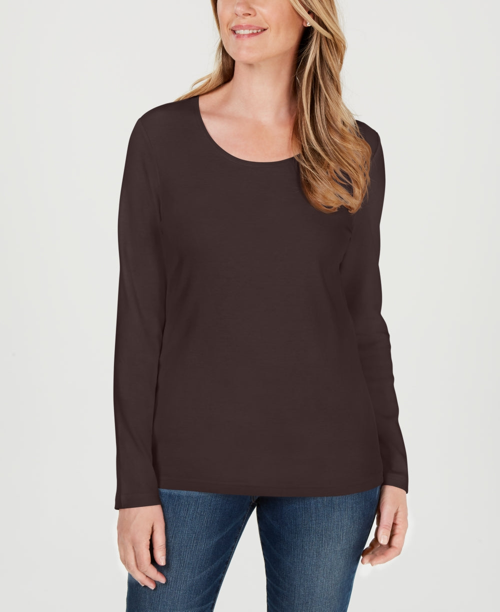Karen Scott Top feminino de algodão com decote redondo, tamanho P, marrom