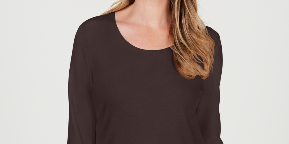 Karen Scott Top feminino de algodão com decote redondo, tamanho P, marrom