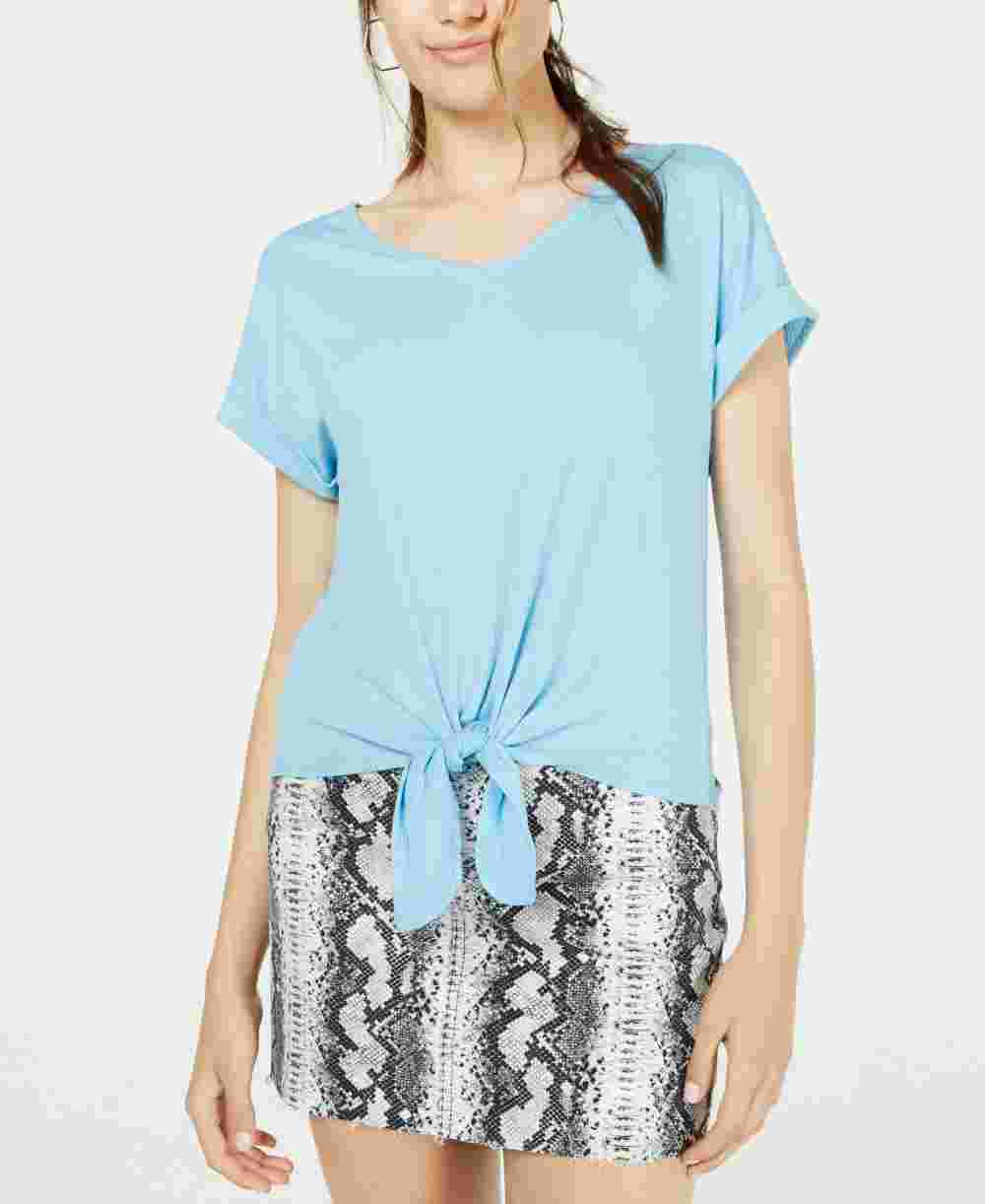 Camiseta Hippie Rose Juniors com amarração frontal, azul, tamanho grande