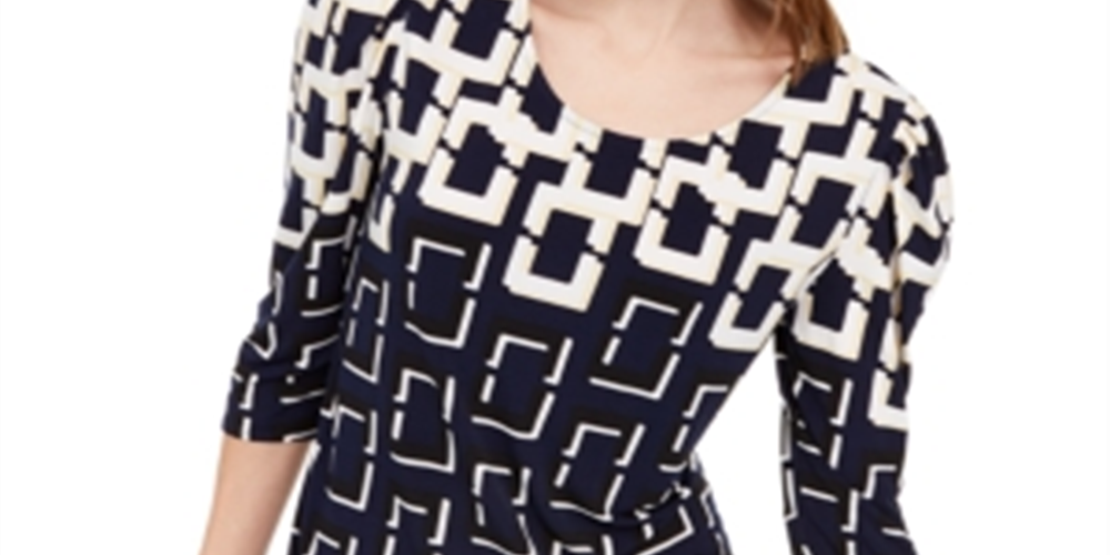 Blusa feminina estampada Alfani com manga 3/4, azul marinho, tamanho GG