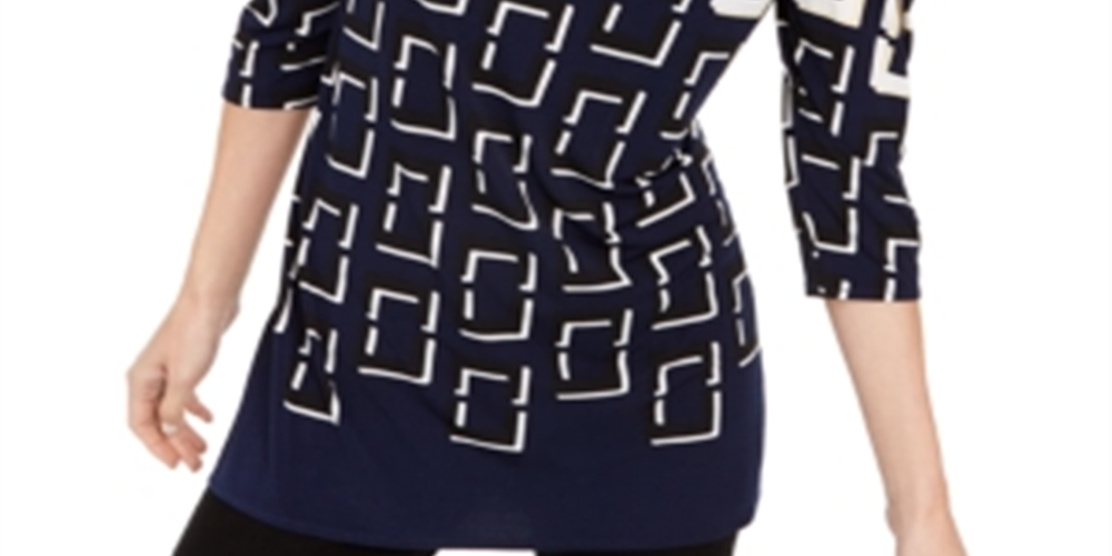 Blusa feminina estampada Alfani com manga 3/4, azul marinho, tamanho GG