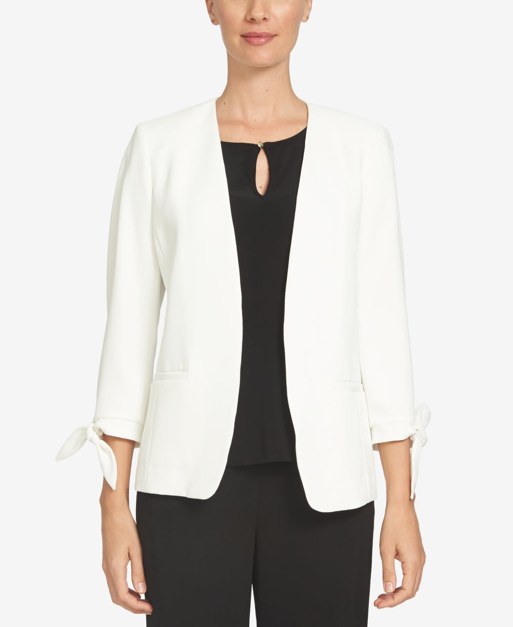 Blazer feminino CeCe com manga amarrada e frente aberta, branco, tamanho 12