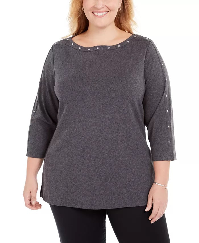 Karen Scott Top Feminino Plus com Tachas e Gola Canoa Preto Tamanho 0X