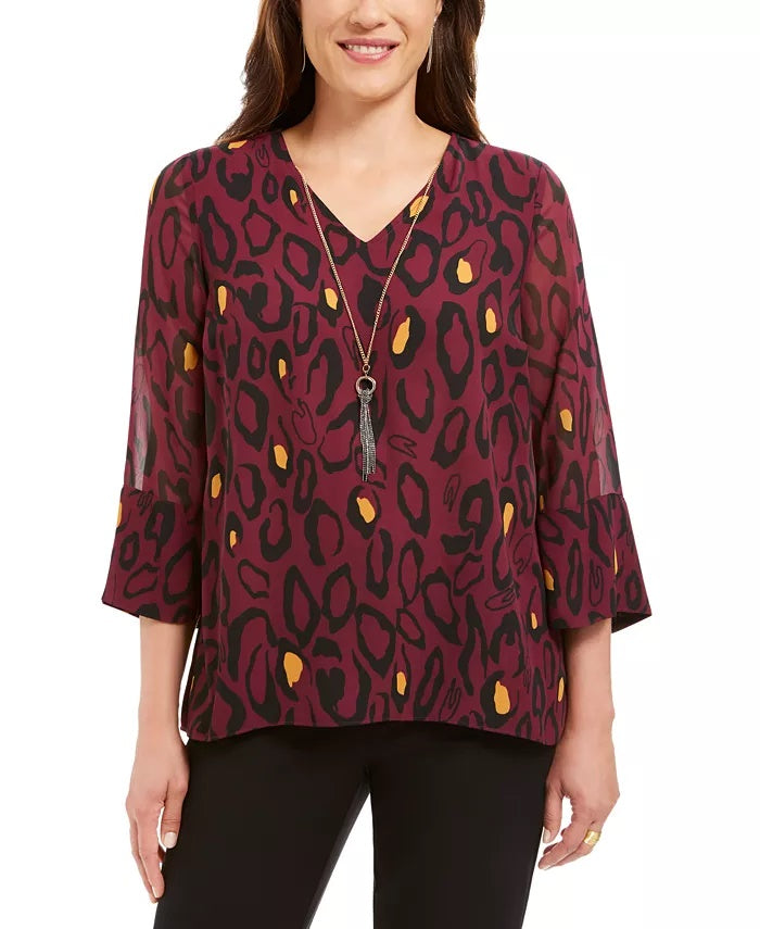 JM Collection Blusa Feminina Estampada com Colar Borgonha Tamanho P
